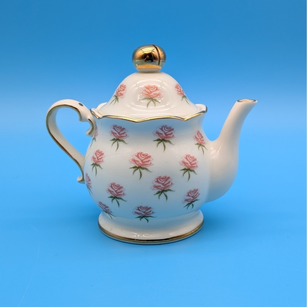 PartyLite Mini 4" Porcelain Teapot Candle Holder Pink Rose & Gold Trim
